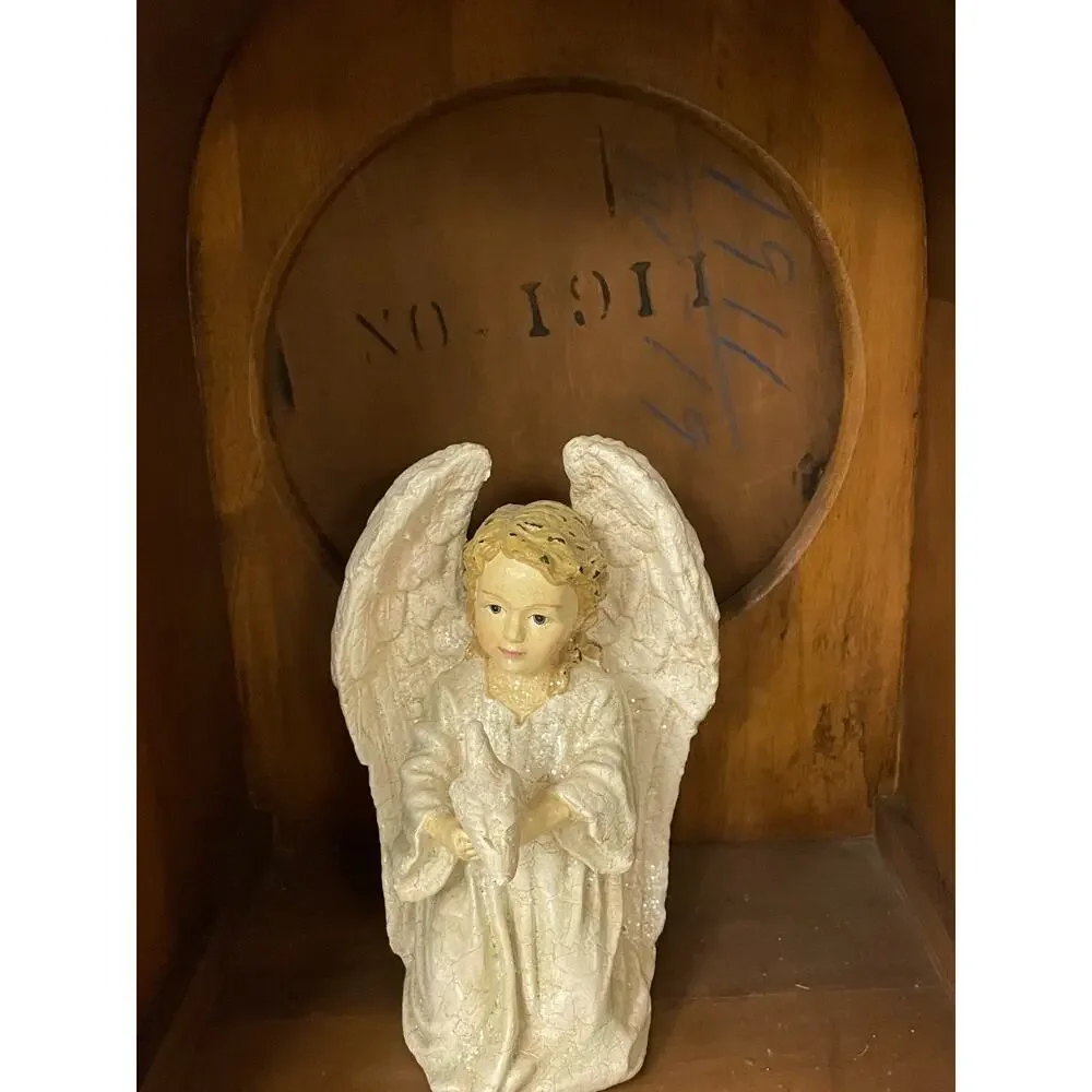 Vintage Wooden Cathedral Clock Case Cabinet Shrine Arched Door Angel Figurine